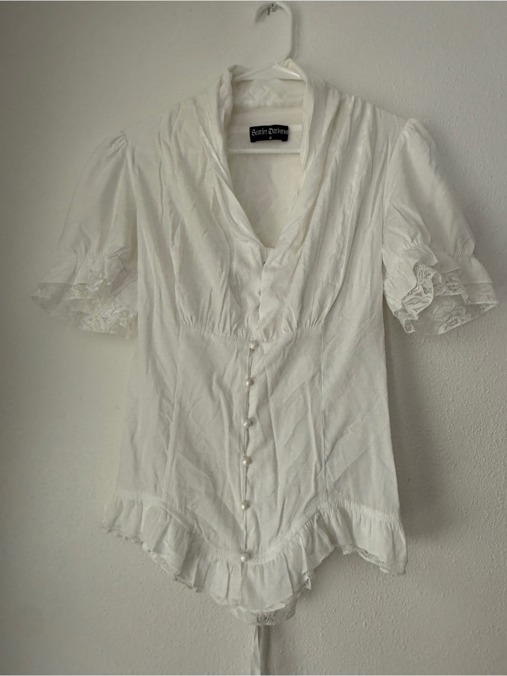 Scarlet Darkness Womens White Blouse Ruffle Button Down Short Sleeve Sexy Small